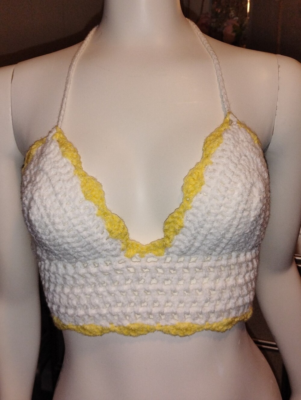 Crochet Halter Bralette Festival Top - White with Yellow Trim